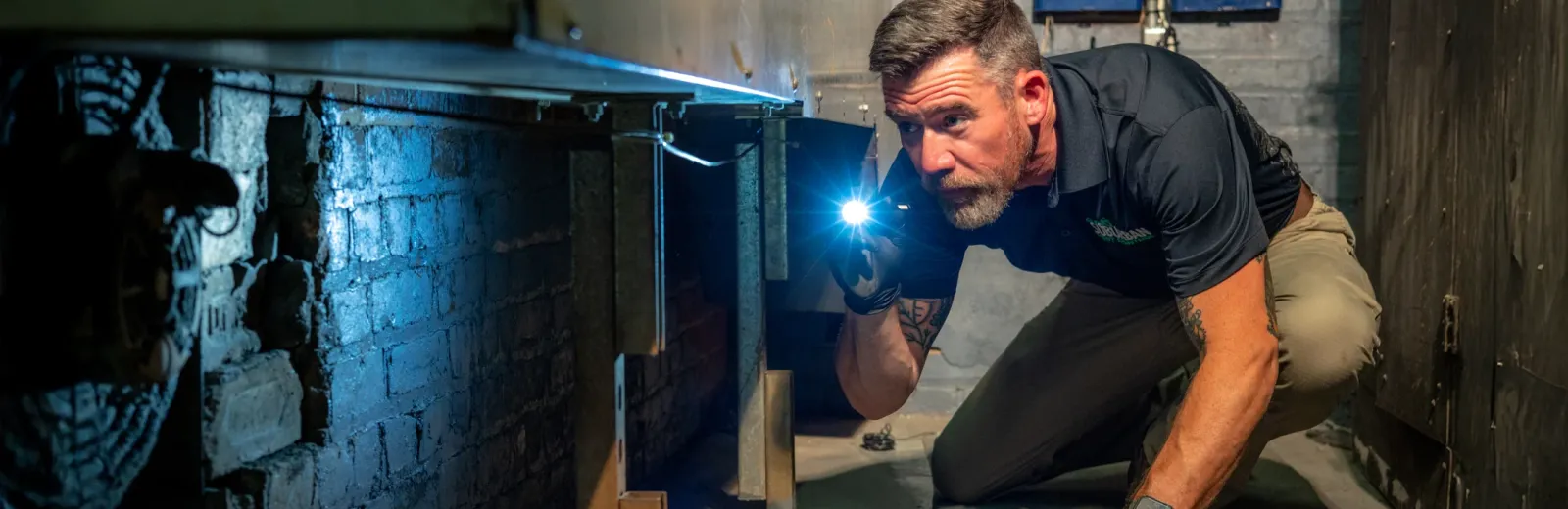 technician inspecting dark confined space with flashlight