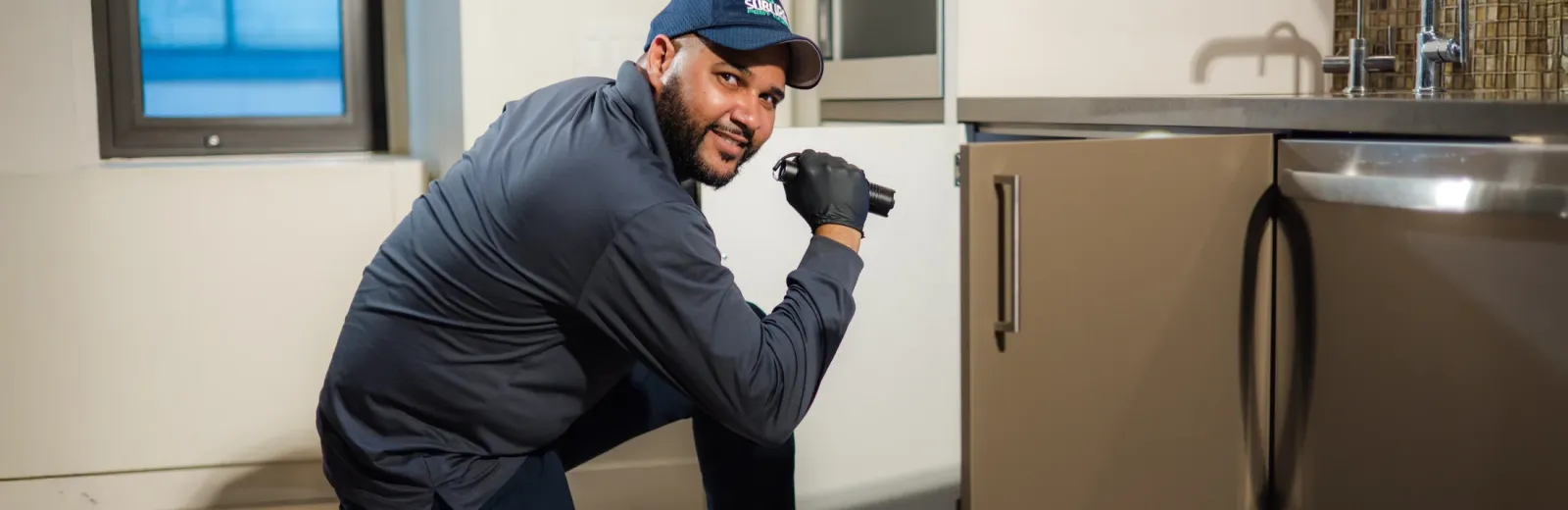 technician on one knee with flashlight near sink
