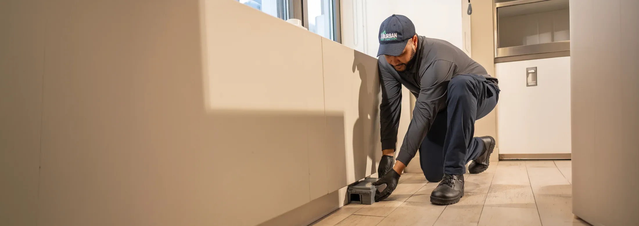 suburban pest control technician setting out pest trap