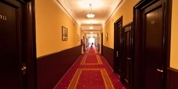 hotel hallway with a red carpet and brown doors